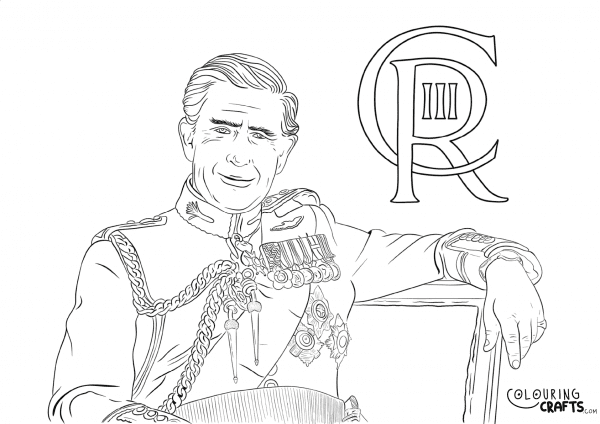 A drawing of King Charles III with his cypher to print and colour for free.