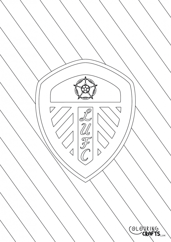 An image of the Leeds United badge with diagonal striped background to print and colour for free.
