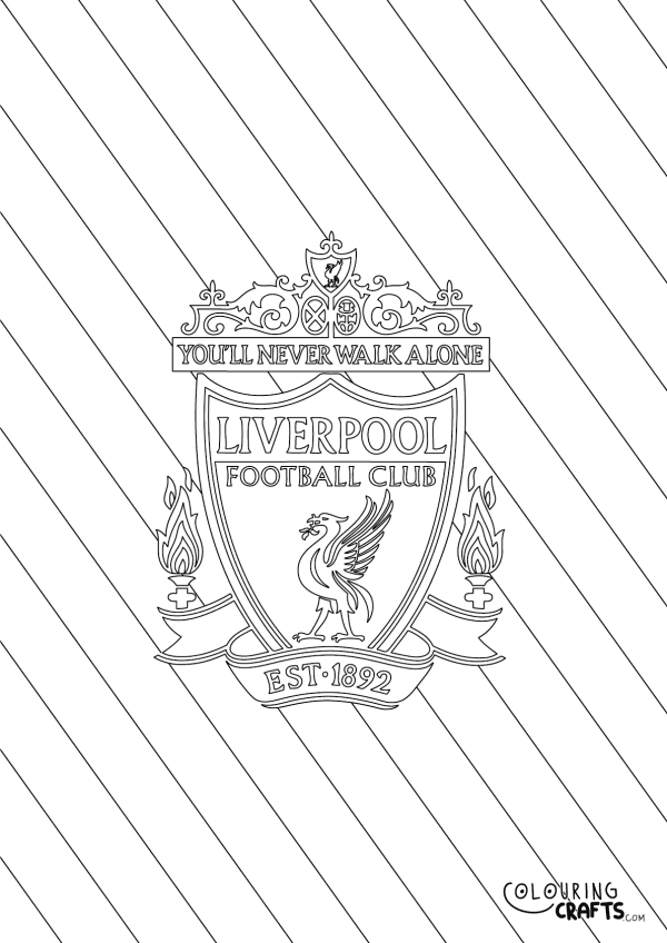 An image of the Liverpool badge with a diagonal striped background to print and colour for free.
