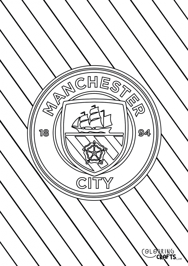 An image of the Manchester City badge with a diagonal striped background to print and colour for free.