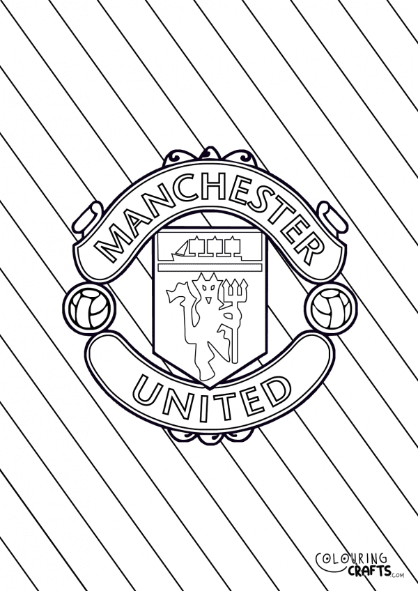 An image of the Manchester United badge with a diagonal striped background to print and colour for free.