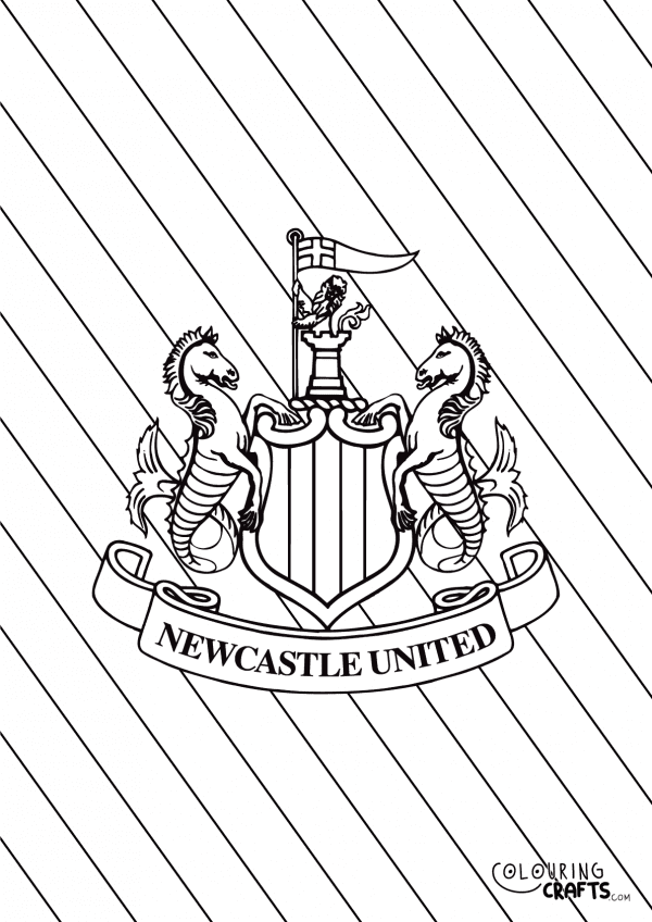 An image of the Newcastle United badge with a diagonal striped background to print and colour for free.
