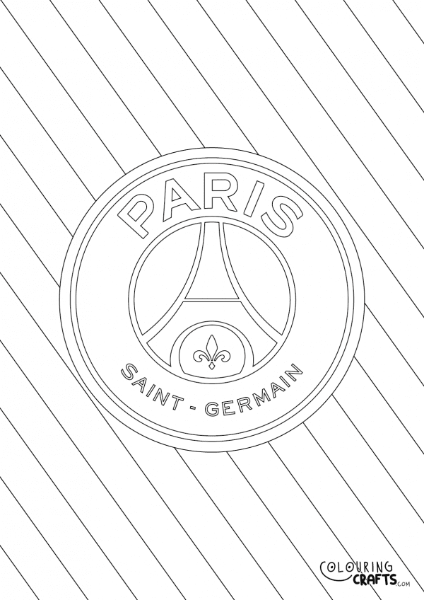 An image of the Paris Saint Germain PSG badge with a diagonal striped background to print and colour for free.