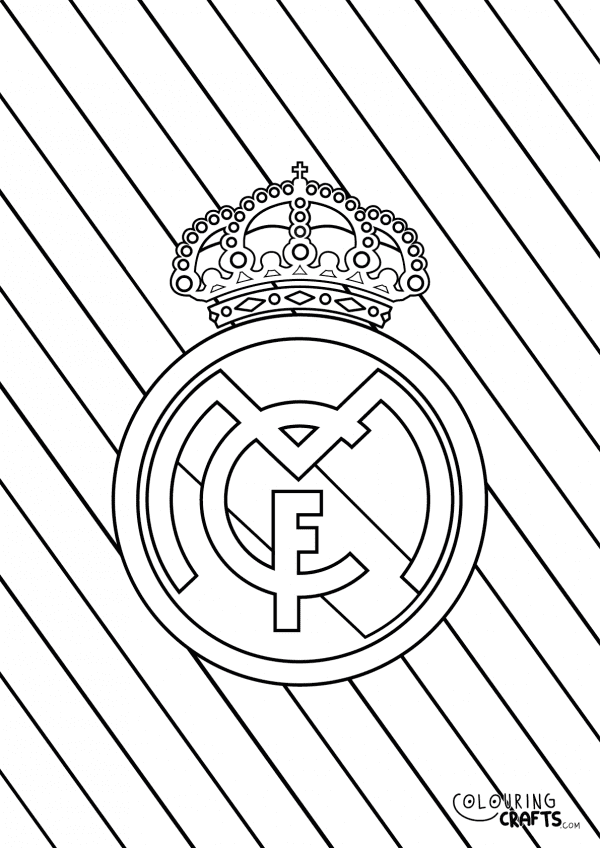 An image of the Real Madrid badge with a diagonal striped background to print and colour for free.