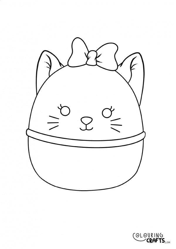 A drawing of a Marie Squishmallow teddy with plain with background to print and colour for free.