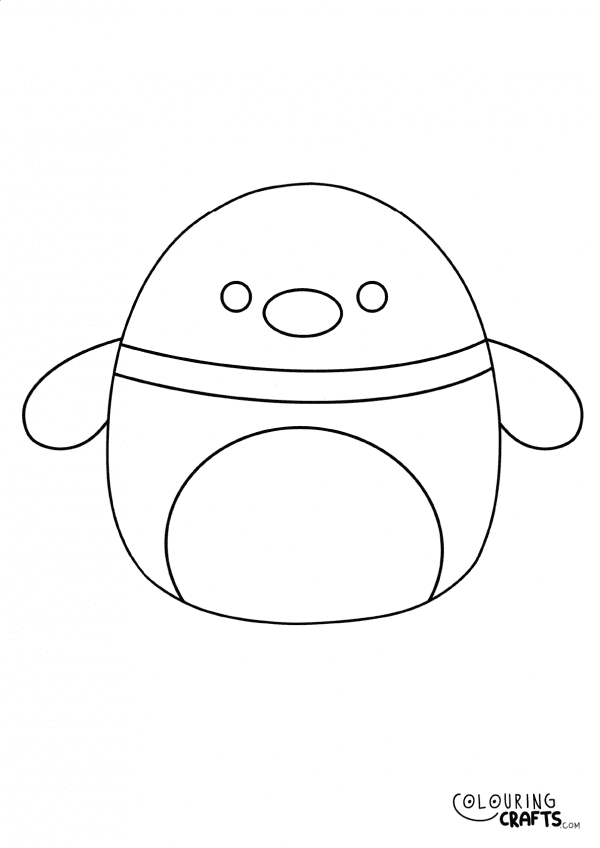 A drawing of Avery The Duck Squishmallow teddy with plain with background to print and colour for free.