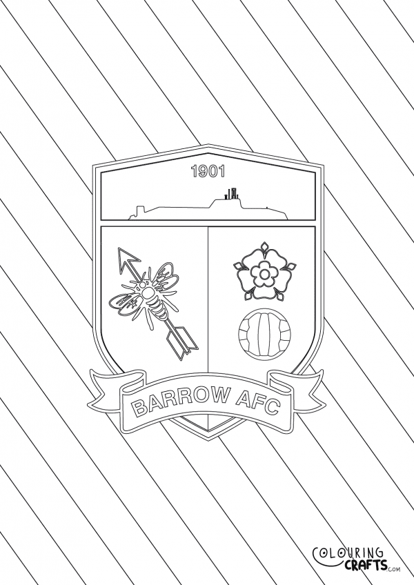 An image of the Barrow AFC badge with diagonal striped background to print and colour for free.