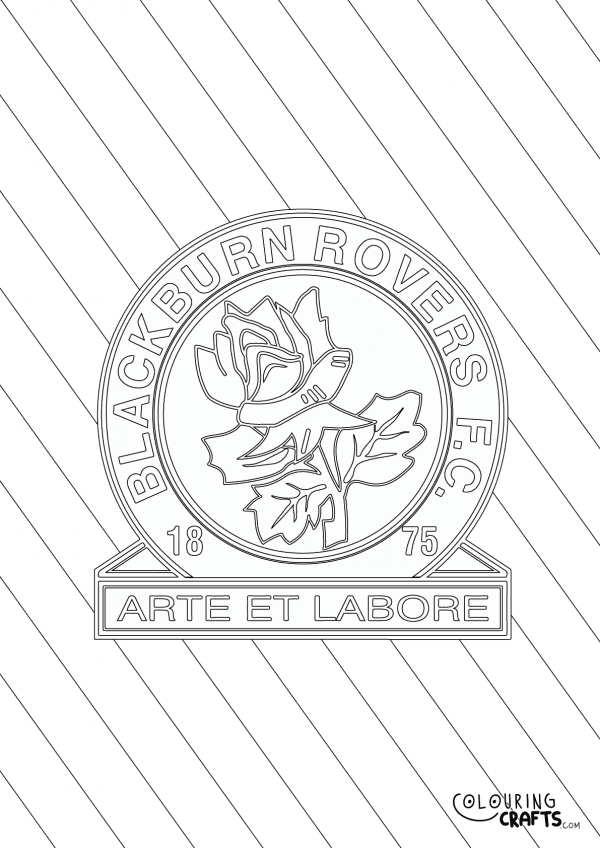 An image of the Blackburn Rovers badge with diagonal striped background to print and colour for free.