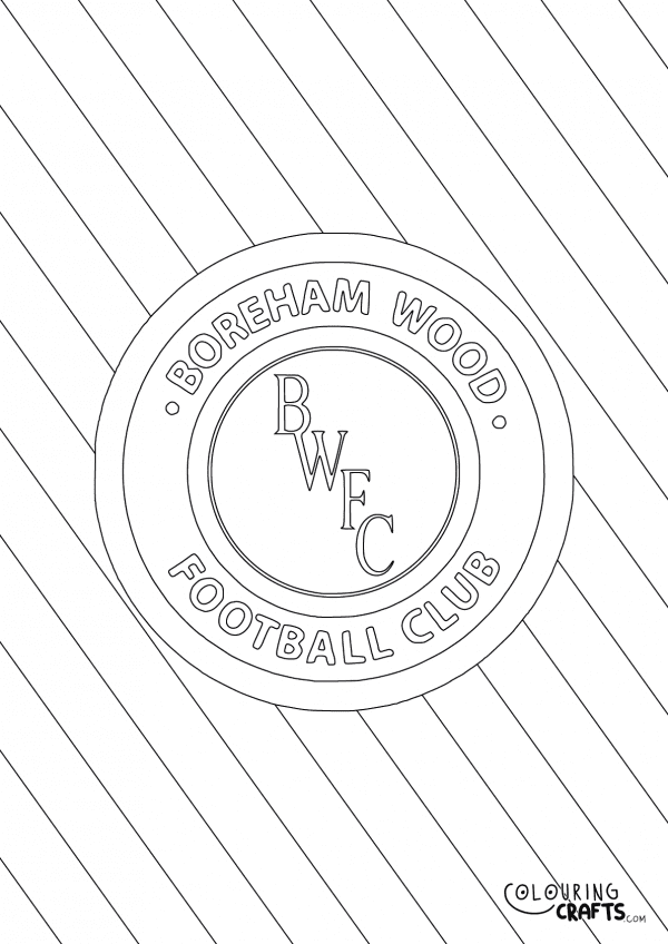 An image of the Boreham Wood badge with diagonal striped background to print and colour for free.