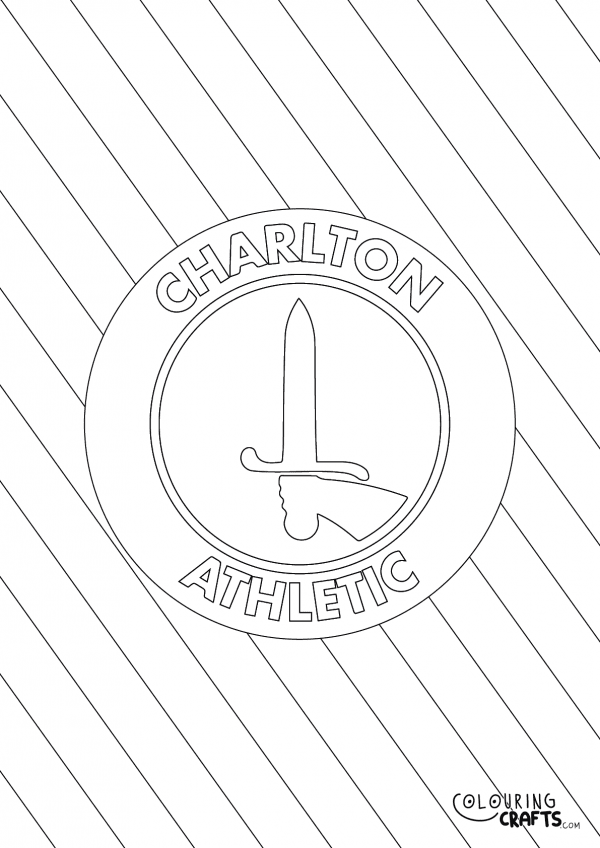An image of the Charlton Athletic badge with diagonal striped background to print and colour for free.