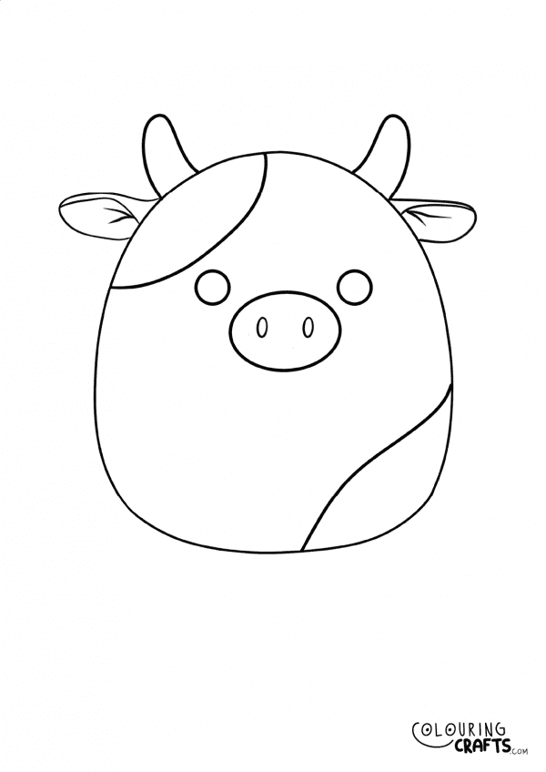 A drawing of Connor The Cow Squishmallow teddy with plain with background to print and colour for free.