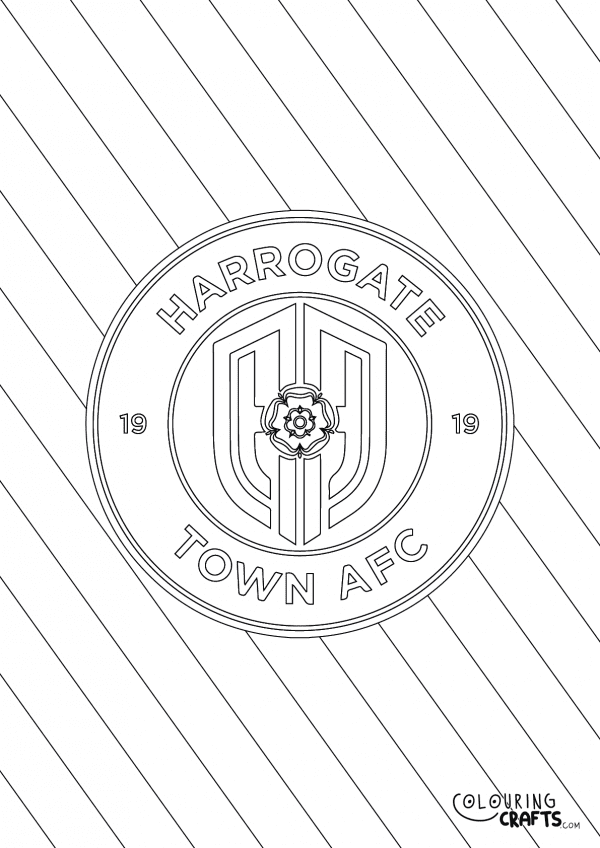 An image of the Harrogate Town badge with diagonal striped background to print and colour for free.
