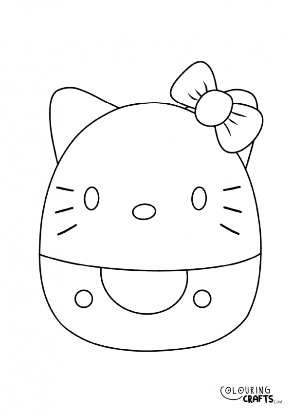 A drawing of a Hello Kitty Squishmallow teddy with plain with background to print and colour for free.