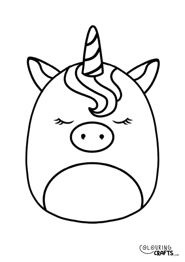 A drawing of Ilene The Pink Unicorn Squishmallow teddy with plain with background to print and colour for free.