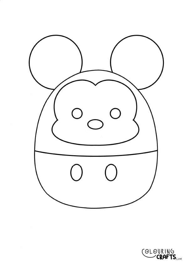 A drawing of a Micky Mouse Squishmallow teddy with plain with background to print and colour for free.