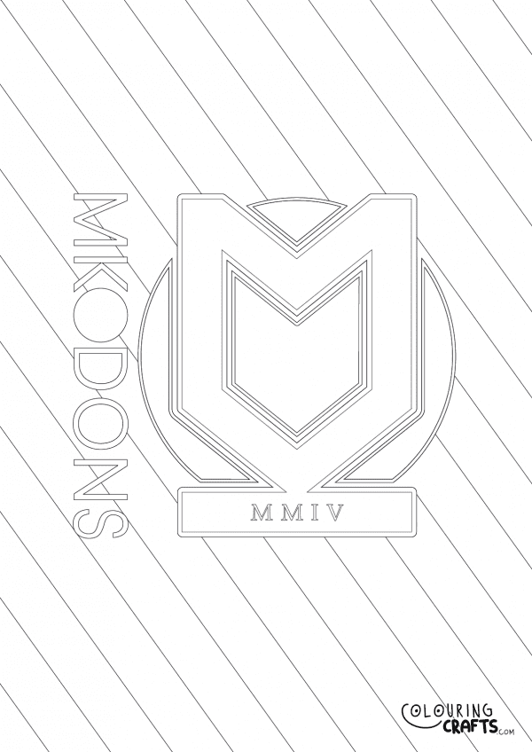 An image of the Milton Keynes Dons badge with diagonal striped background to print and colour for free.