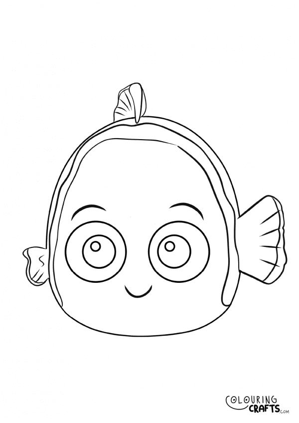 A drawing of a Nemo Squishmallow teddy with plain with background to print and colour for free.