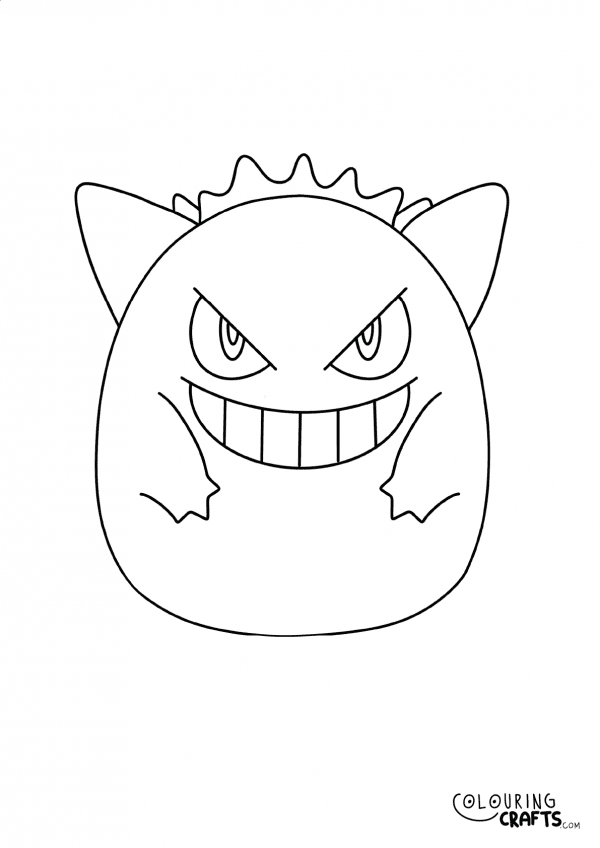 A drawing of a Gengar Squishmallow teddy with plain with background to print and colour for free.