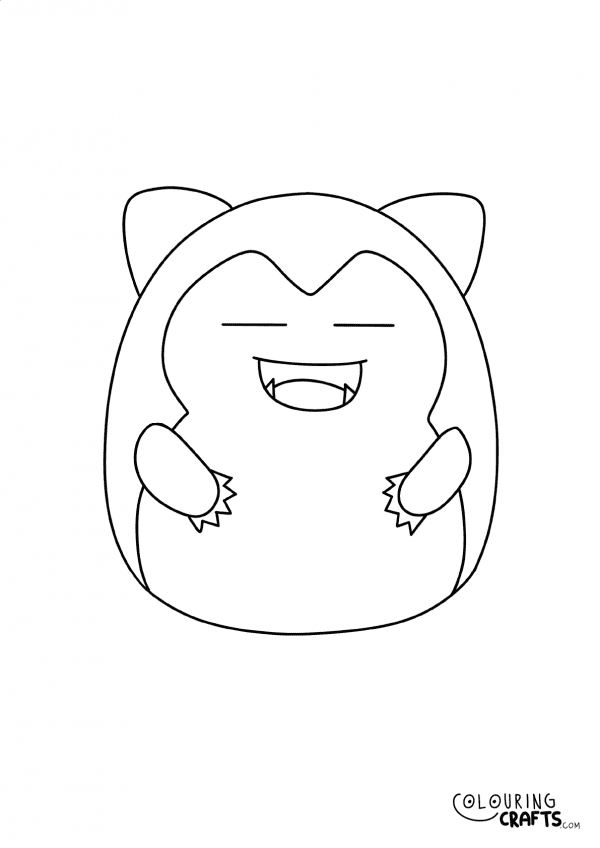A drawing of a Snorlax Squishmallow teddy with plain with background to print and colour for free.