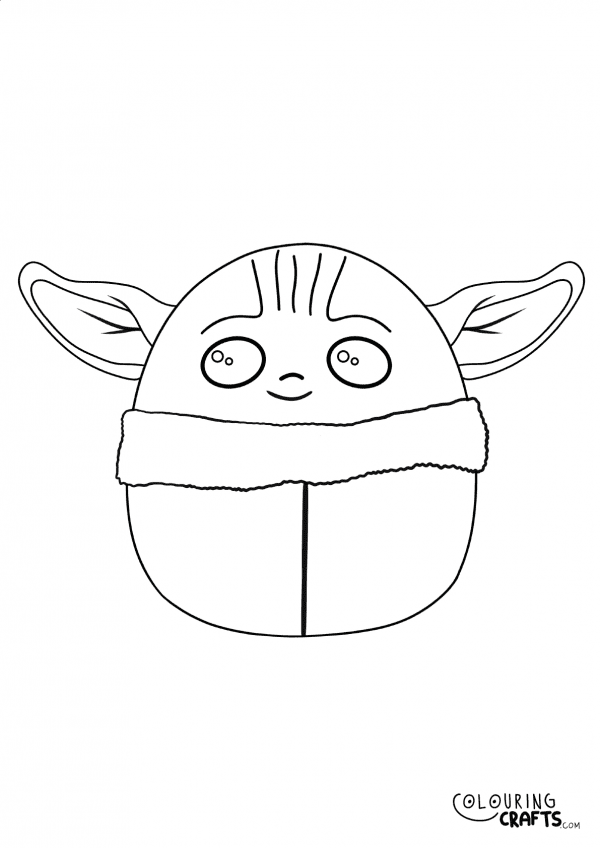 A drawing of a Baby Yoda Squishmallow teddy with plain with background to print and colour for free.