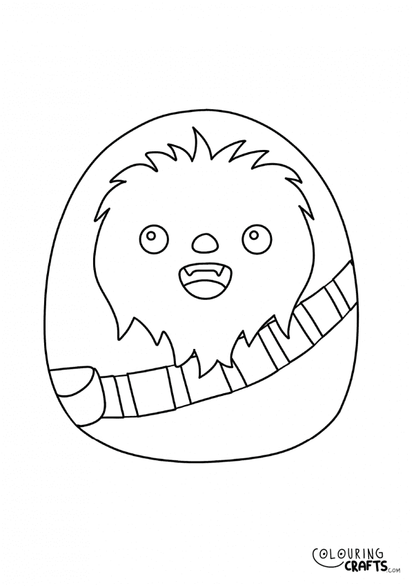 A drawing of a Chewbacca Squishmallow teddy with plain with background to print and colour for free.