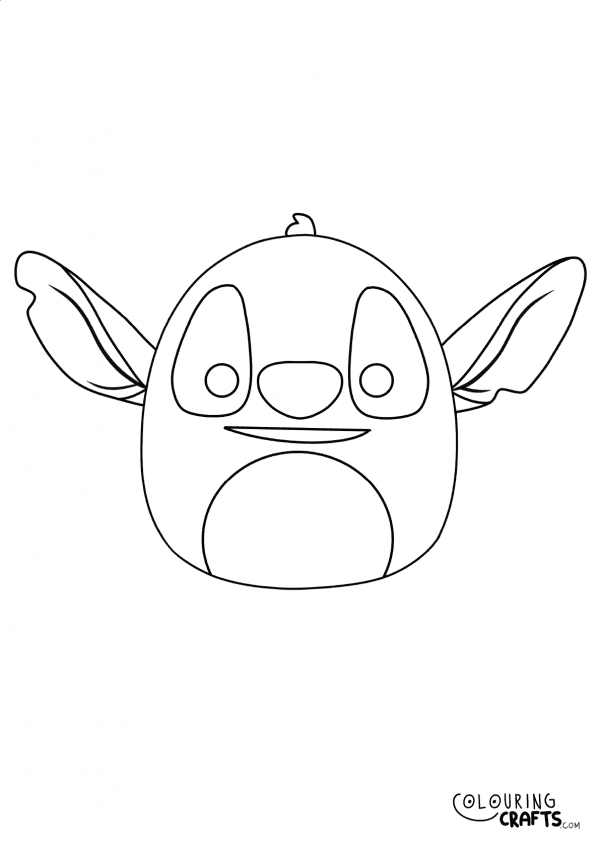 A drawing of a Stitch Squishmallow teddy with plain with background to print and colour for free.