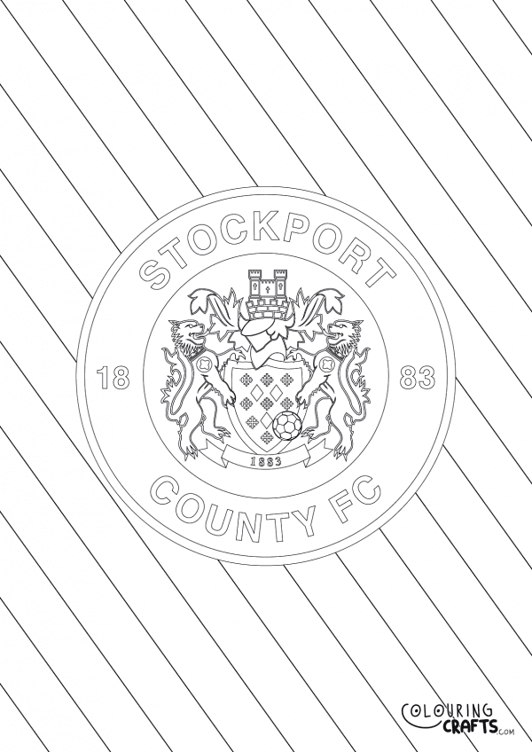 An image of the Stockport County badge with diagonal striped background to print and colour for free.