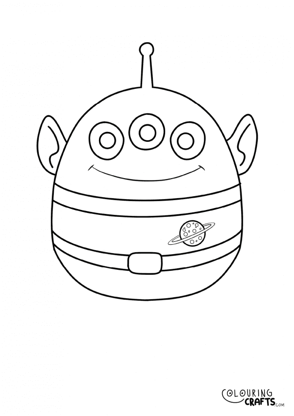 A drawing of a Toy Story Alien Squishmallow teddy with plain with background to print and colour for free.