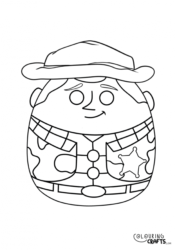 A drawing of a Woody Squishmallow teddy with plain with background to print and colour for free.