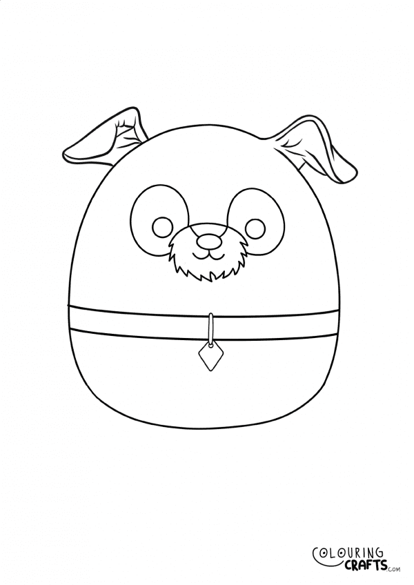 A drawing of a Tramp Squishmallow teddy with plain with background to print and colour for free.