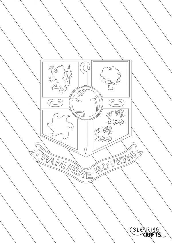 An image of the Tranmere Rovers badge with diagonal striped background to print and colour for free.