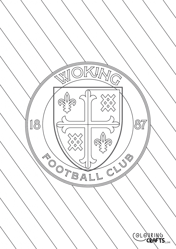 An image of the Woking FC badge with diagonal striped background to print and colour for free.