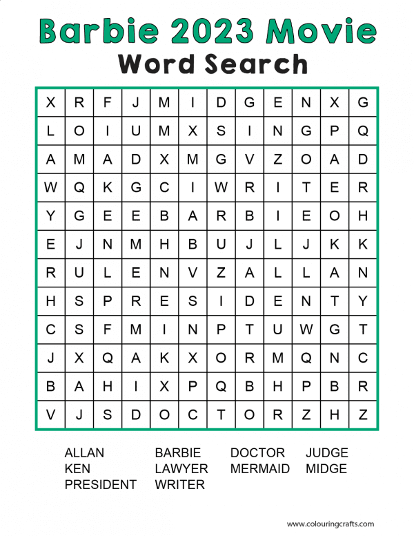 Word Search with a selection of characters from the Barbie 2023 Movie to find