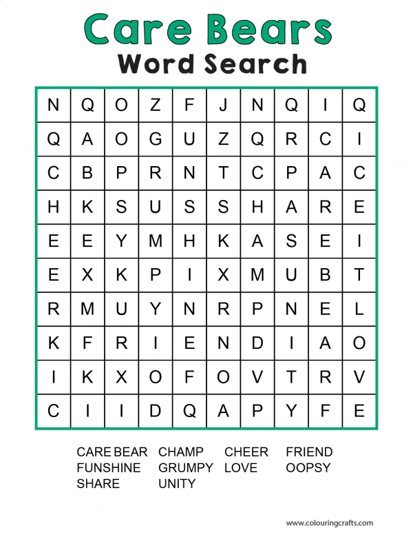 Word Search with a selection of Care Bears characters to find