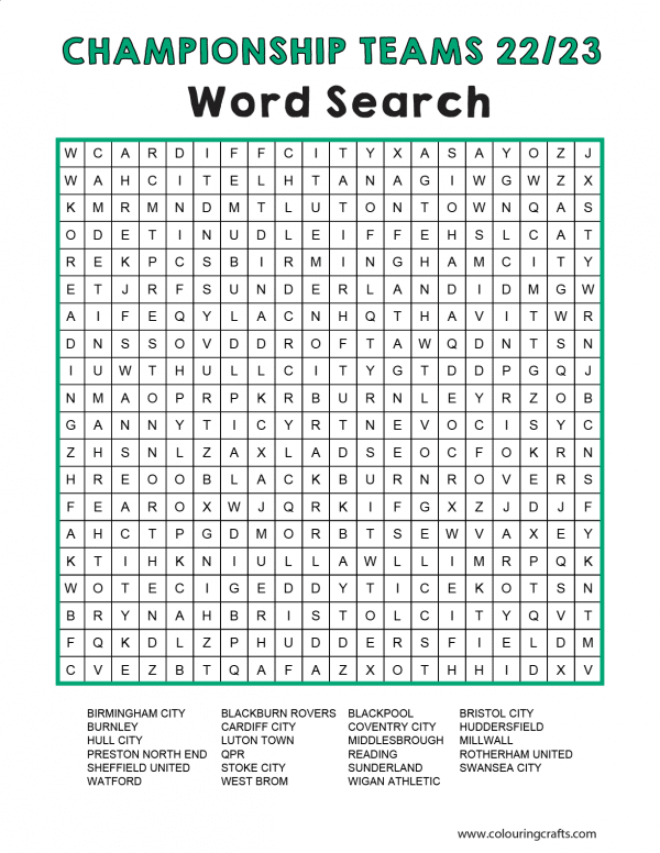Word Search with all of the Championship Teams from the 22/23 Season