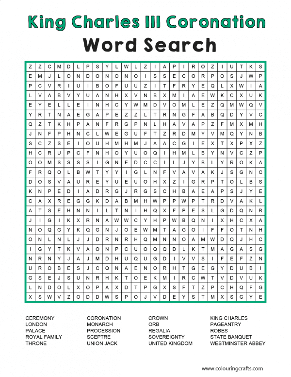 Word Search with a selection of King Charles III coronation words to find