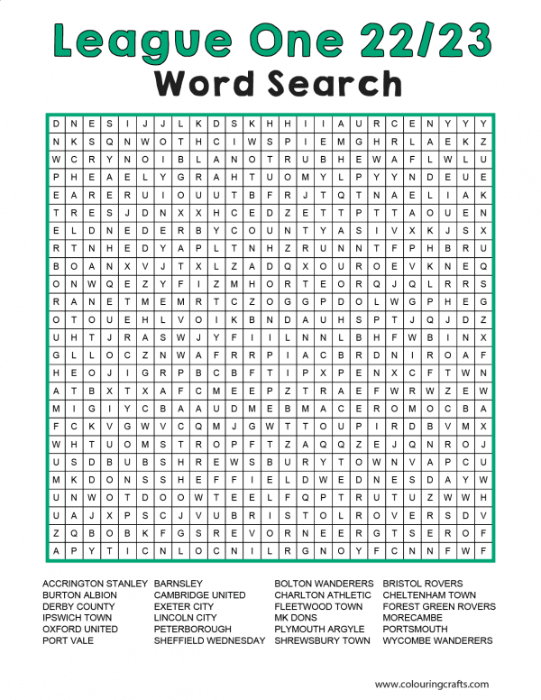 Word Search with all of the League One Teams from the 22/23 Season