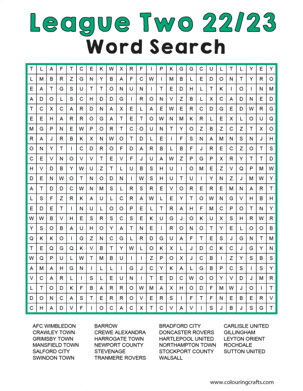 Word Search with all of the League Two Teams from the 22/23 Season