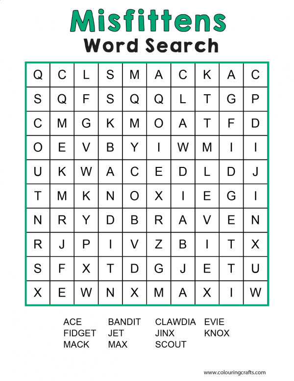 Word Search with a selection of Misfittens characters to find