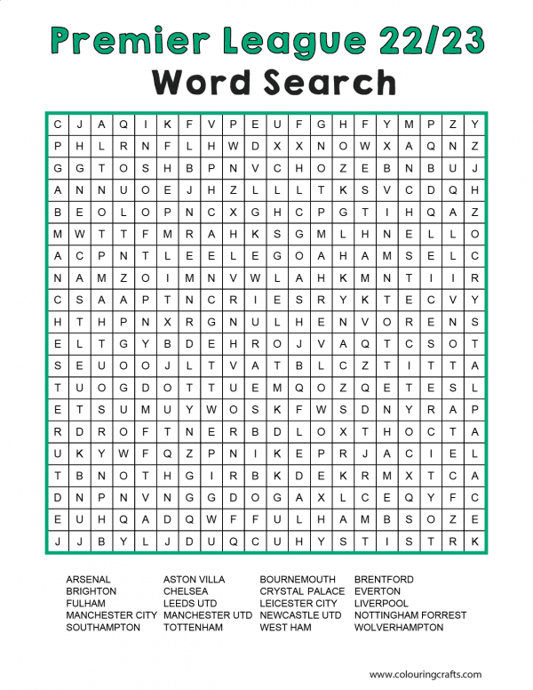 Word Search with all of the Premier League Teams from the 22/23 Season