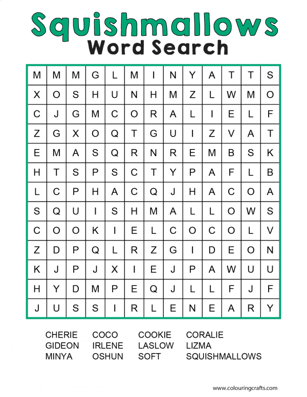 Word Search with a selection of Squishmallows characters to find