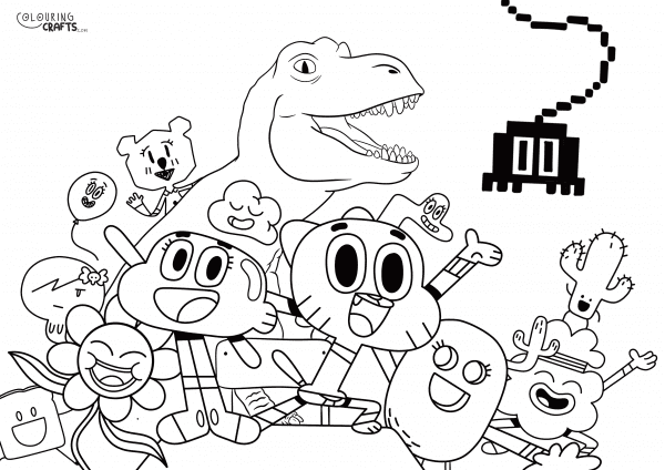 A drawing of Various Amazing world of Gumball characters with a plain background to print and colour for free.
