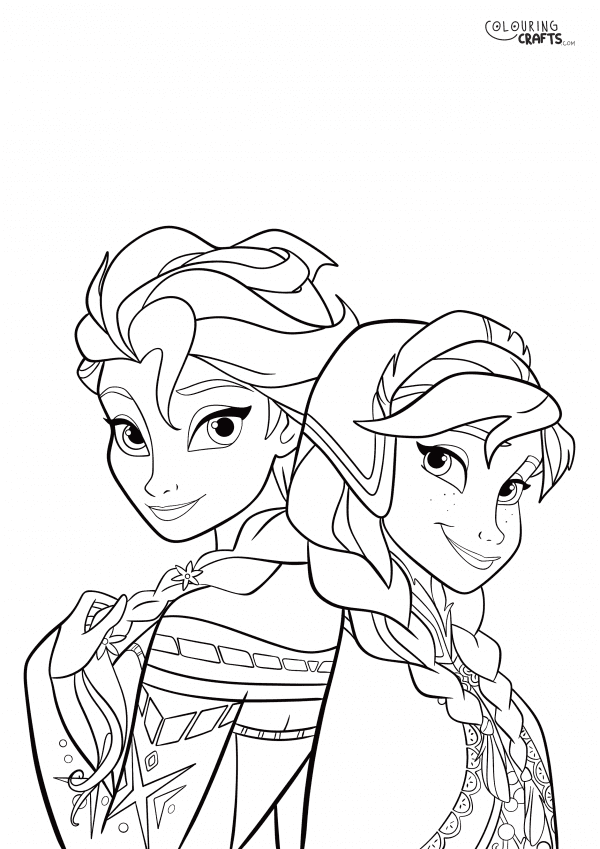 A drawing of Anna & Elsa From Frozen with a plain background to print and colour for free.