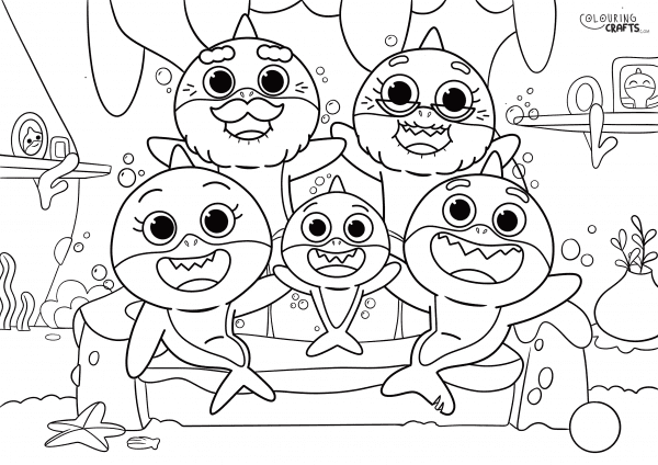 A drawing of the Baby Shark Family from Baby Shark to print and colour for free.