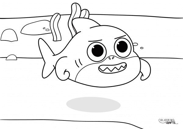 A drawing of Brooklyn from Baby Shark swimming at the bottom of the sea to print and colour for free.