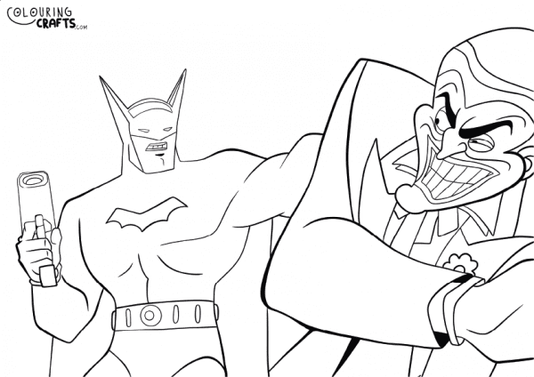 A drawing of Batman holding The Joker with a gun with plain background to print and colour for free.
