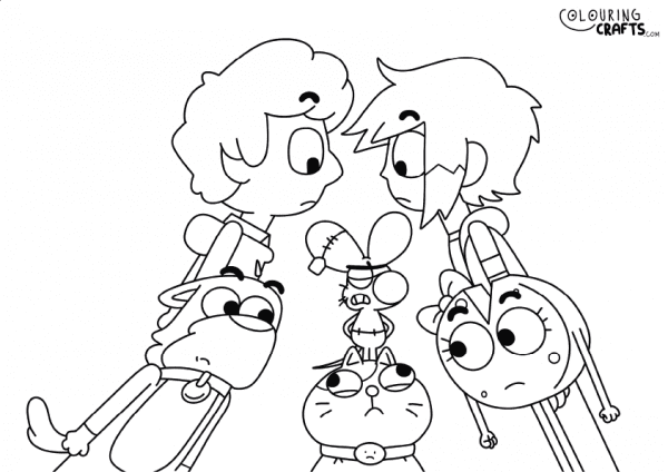 A drawing of all the characters from Boy Girl Dog Cat Mouse Cheese with plain background to print and colour for free.