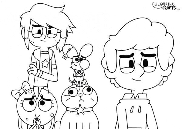 A drawing of all the characters from Boy Girl Dog Cat Mouse Cheese with plain background to print and colour for free.