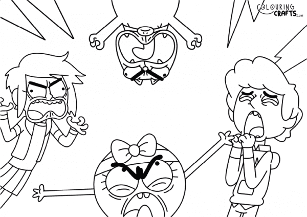 A drawing of all the characters angry from Boy Girl Dog Cat Mouse Cheese with plain background to print and colour for free.