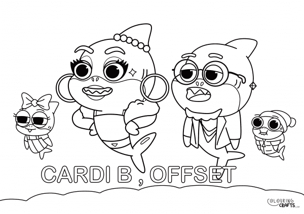 A drawing of Cardi B and Offset from Baby Shark with a plain background to print and colour for free.